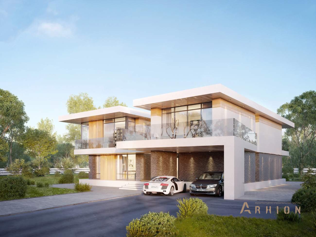 2. Проект двухэтажного дома в стиле хай-тек с плоской кровлей , rh-410, площадью - 410 кв c сауной, терассой, балконом, гаражом, вторым светом